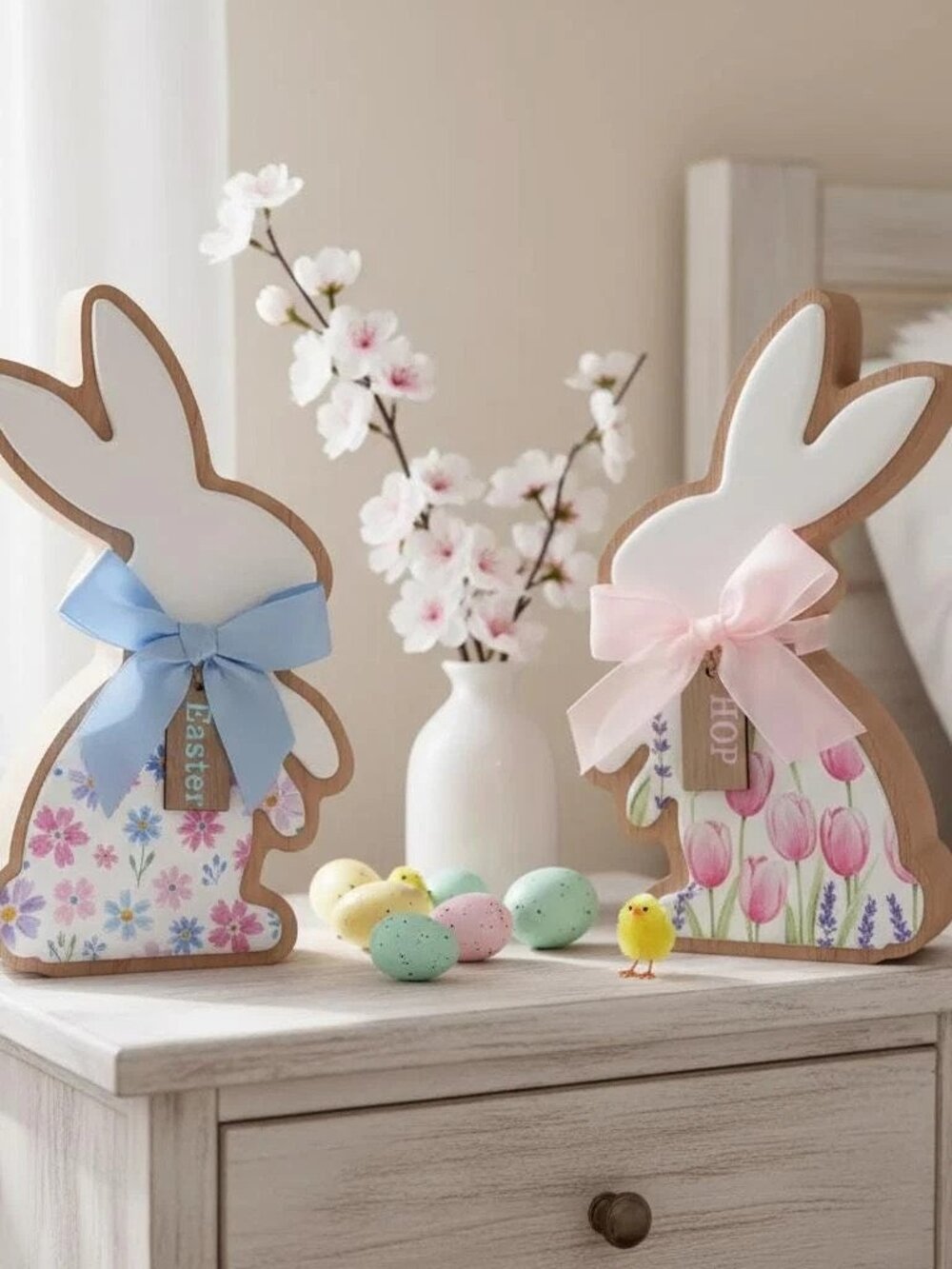 Wood & Epoxy Floral Artisan Easter Bunny Decoration with Bow Holiday Decor Gift
